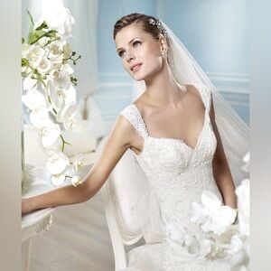 Pronovias Brazil White Floral Applique Satin Bridal Gown with Train